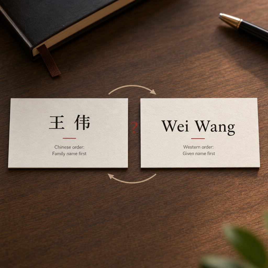 business cards showing chinese and western name order highlighting common surname given name confusion