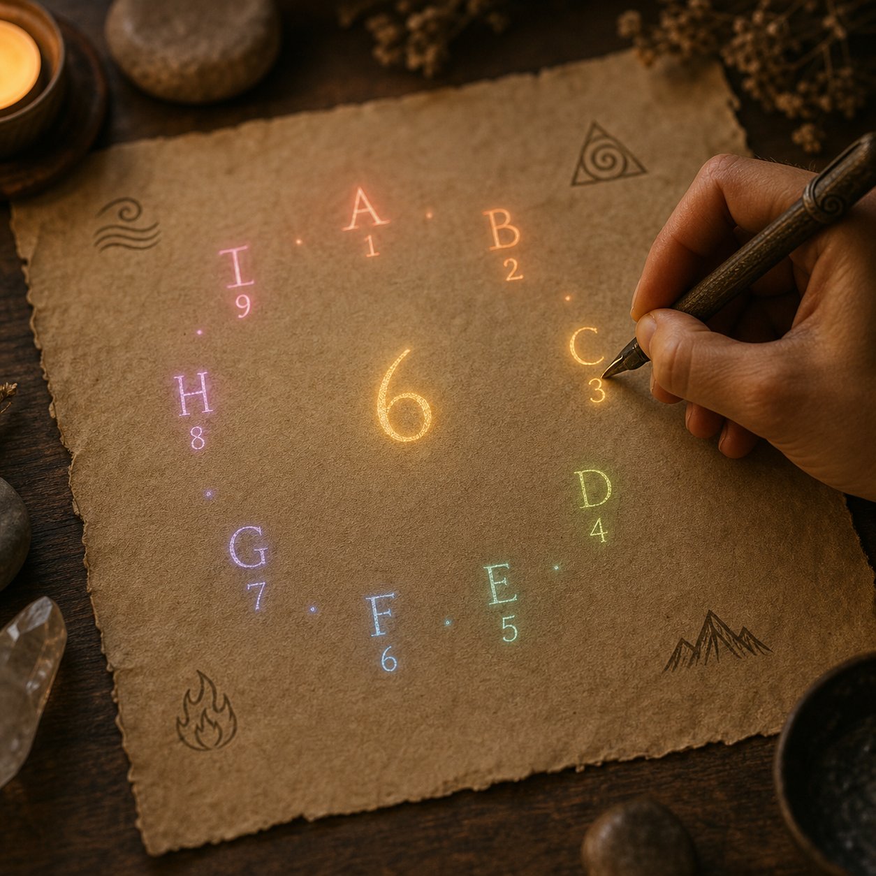 calculating your name vibration number by assigning pythagorean values to each letter and reducing to a single digit