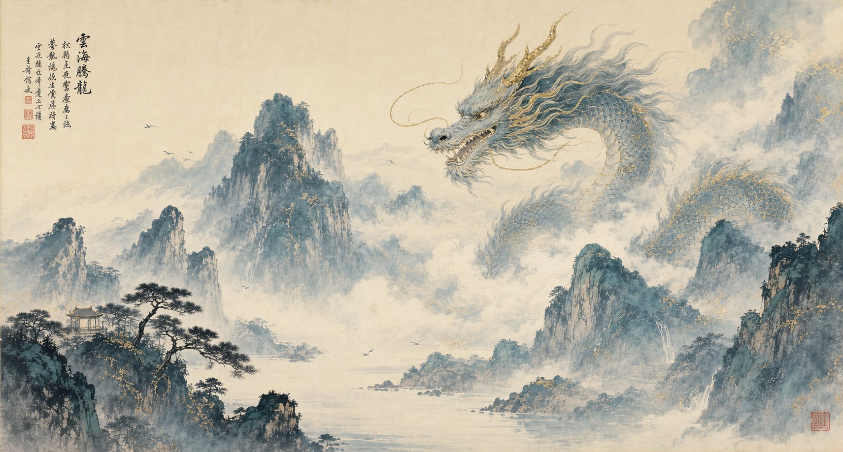 celestial dragon emerging from mountain waters in traditional chinese landscape painting style
