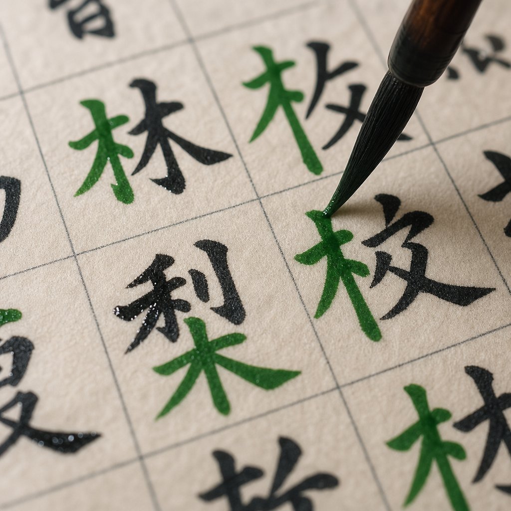 chinese characters featuring the wood radical highlighted to show its structural position within compound characters