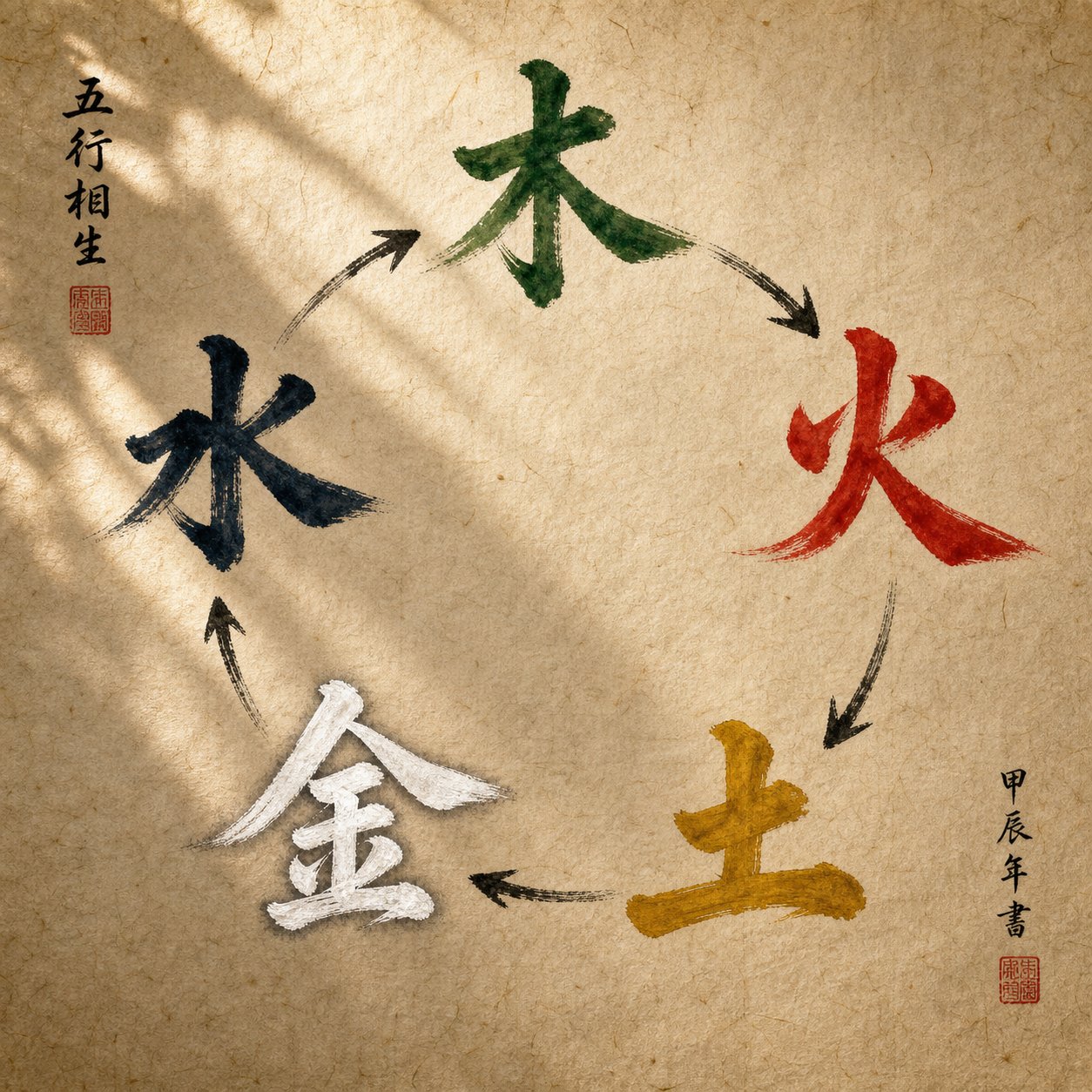 chinese characters for the five elements arranged in their generation cycle order with traditional color associations