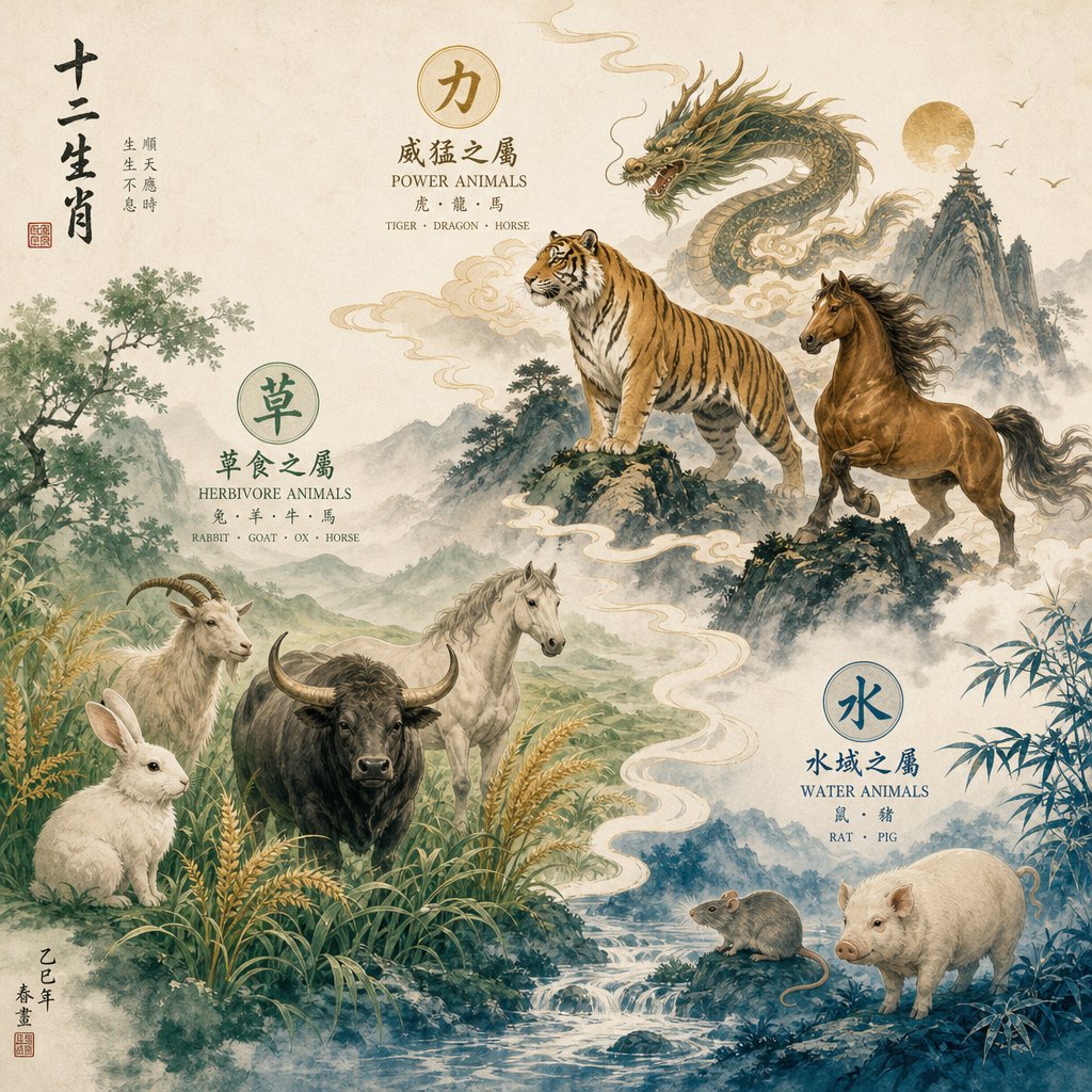 chinese zodiac animals grouped by elemental affinity showing how each animal's nature guides compatible name characters