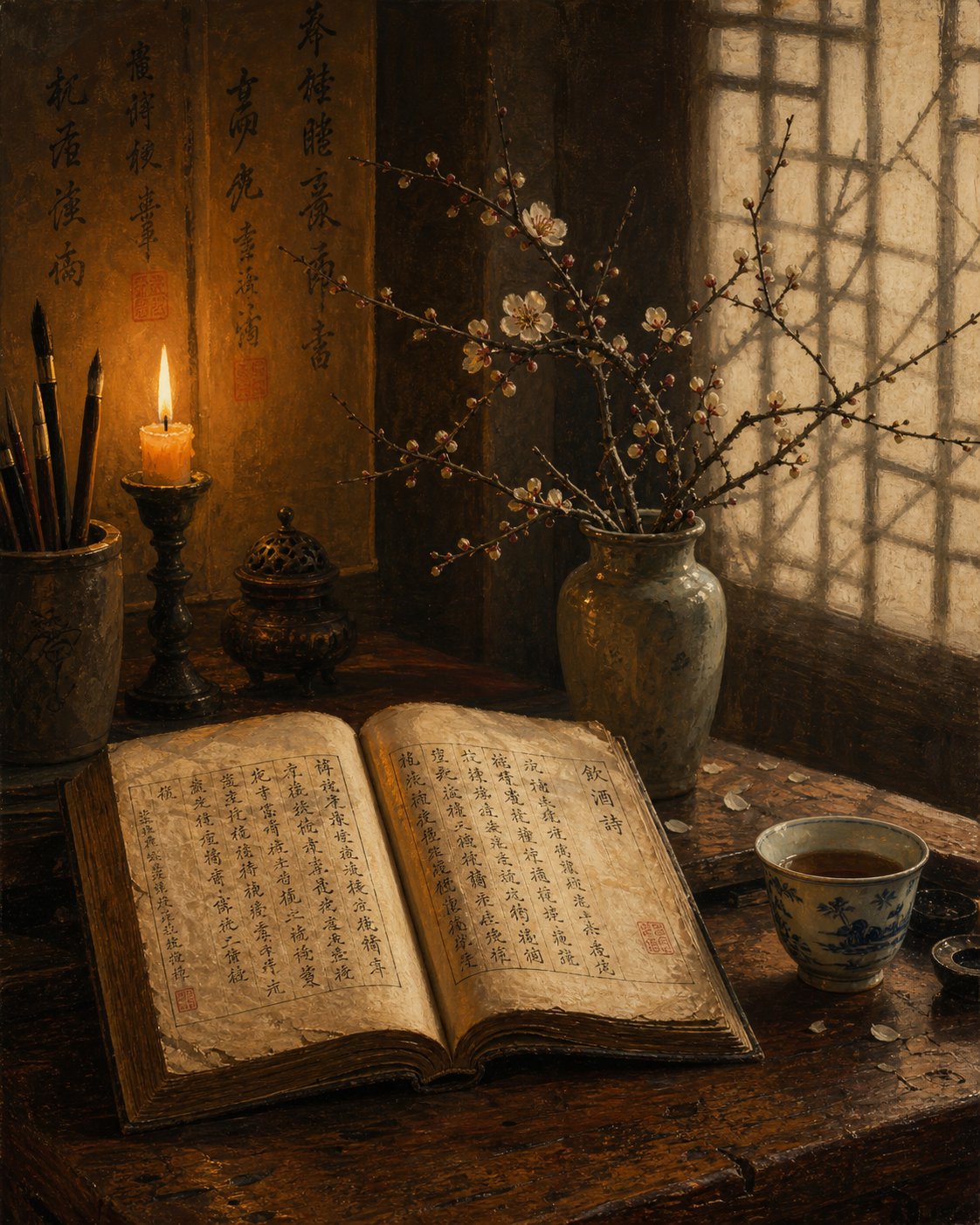 classical poetry book and plum blossoms evoking the literary tradition behind chinese name selection