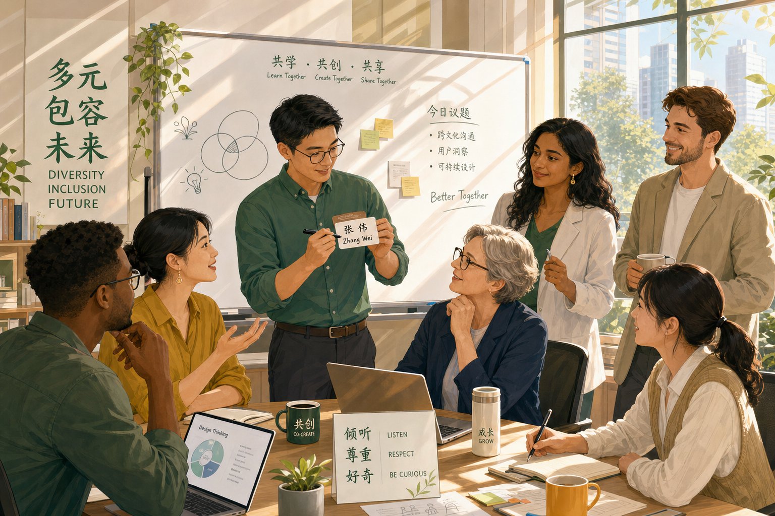 colleagues navigating bilingual name introductions in a modern multicultural workplace
