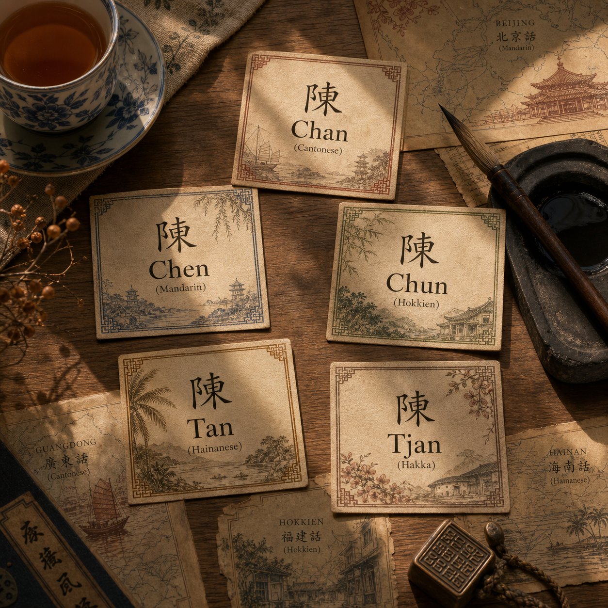 different dialect groups produce distinct romanised spellings for the same chinese surname character