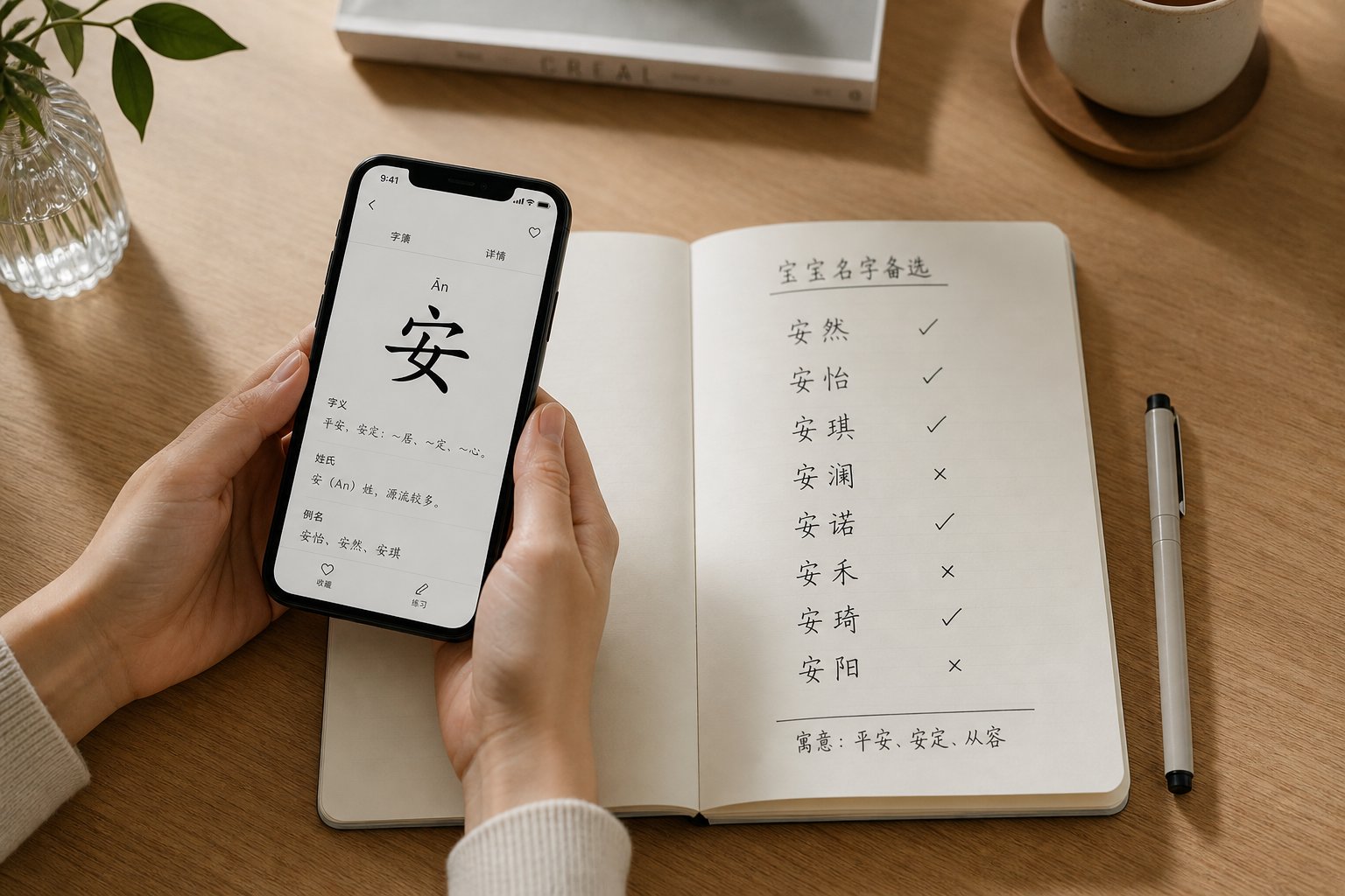 evaluating chinese name candidates through digital tools and handwritten comparison notes