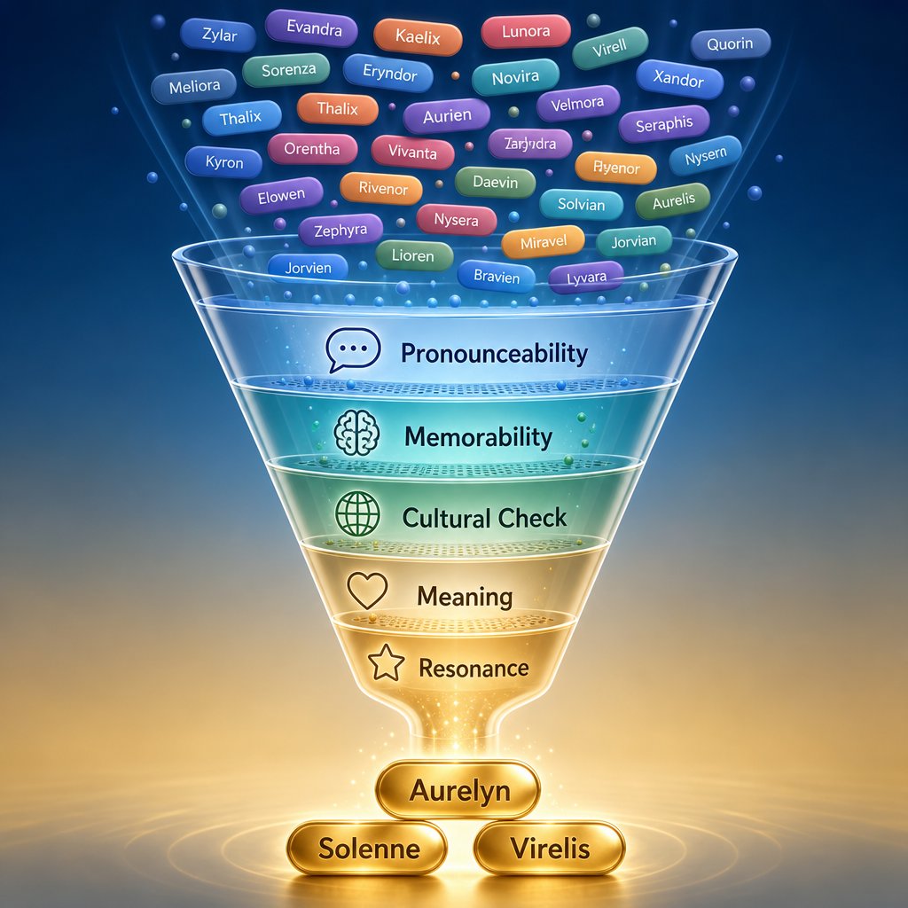 evaluating combined names through a structured criteria funnel narrows candidates from many options to the strongest choice