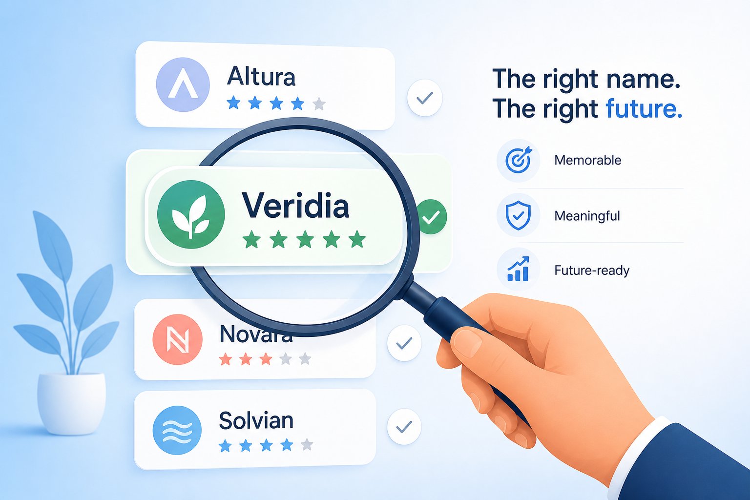 evaluating four letter name candidates against quality criteria before making a final selection