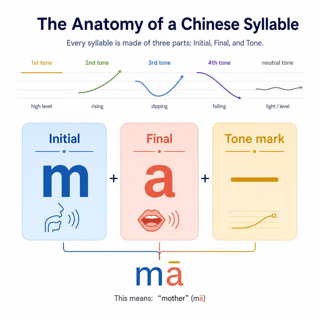every mandarin syllable consists of an initial consonant a final vowel sound and a tone that determines meaning