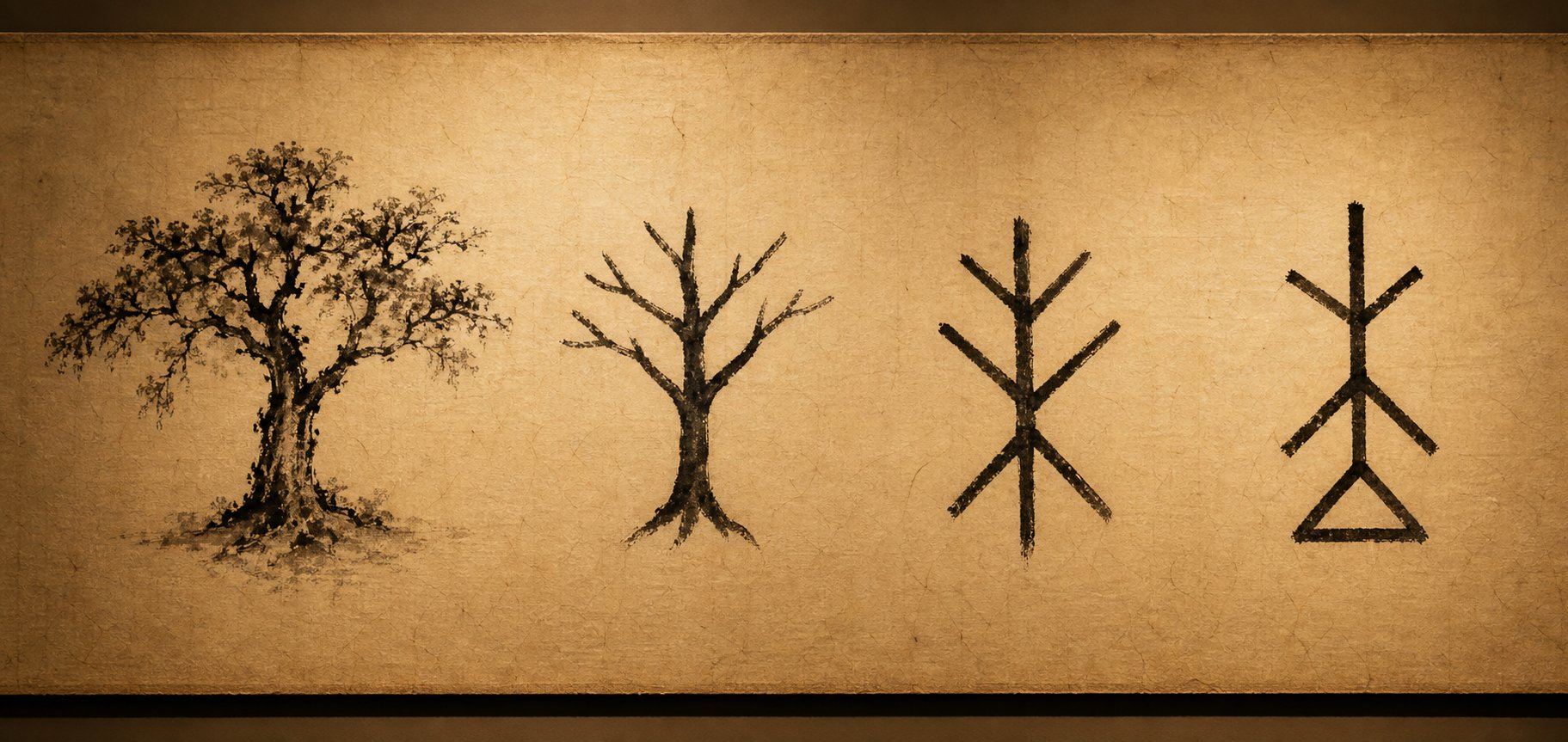 evolution of the wood character from ancient oracle bone pictograph to modern simplified form across thousands of years
