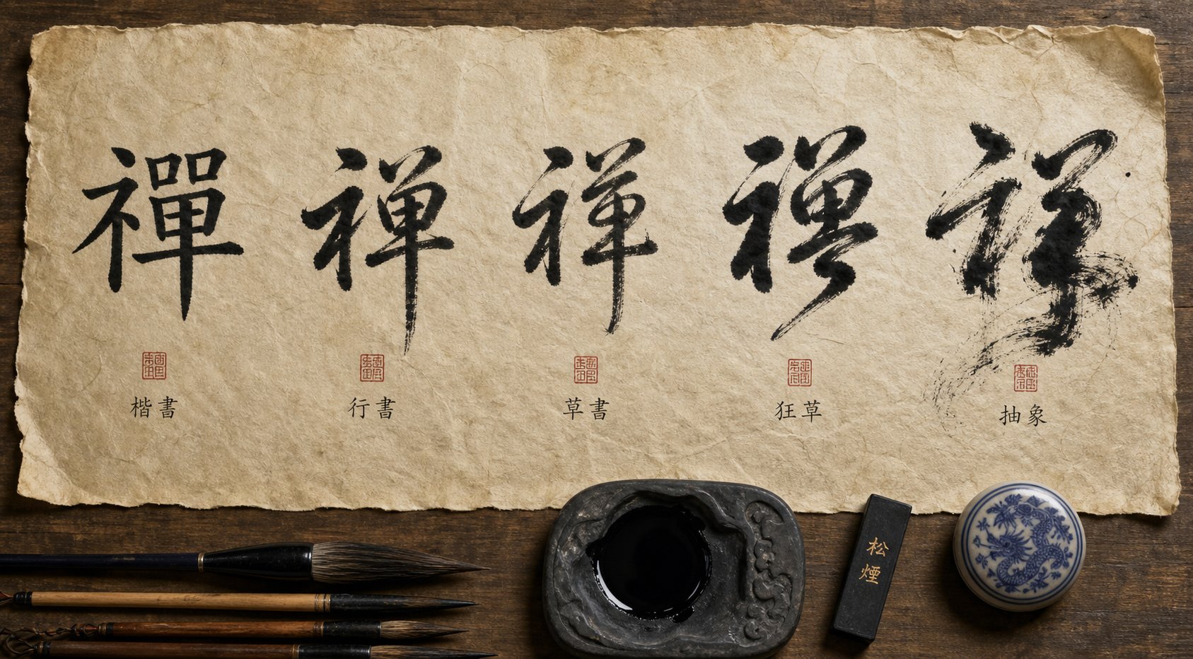 five chinese calligraphy styles showing how the same character transforms from structured regular script to abstract cursive