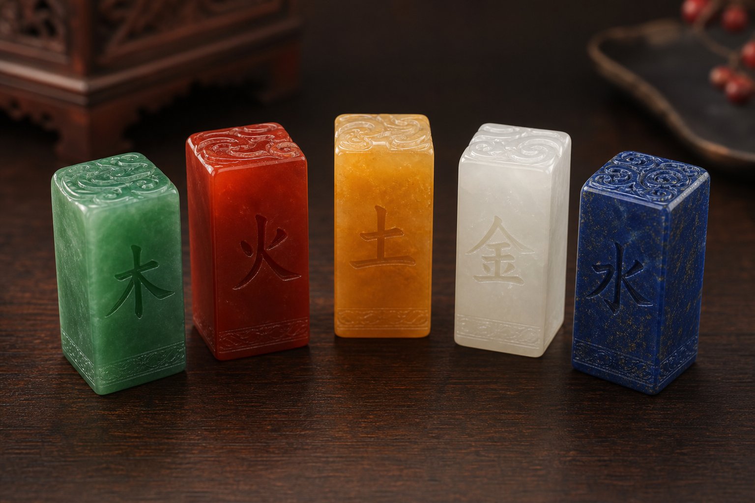 five element colored name seals representing auspicious character choices for each feng shui element category