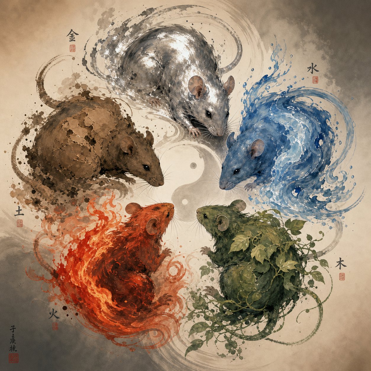 five elemental rat sub types representing metal water wood fire and earth energy in chinese zodiac naming