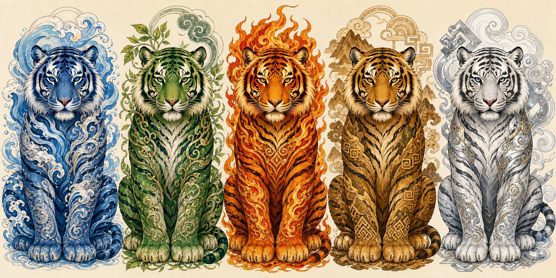 five elemental tiger sub types each requiring different radical priorities in chinese naming