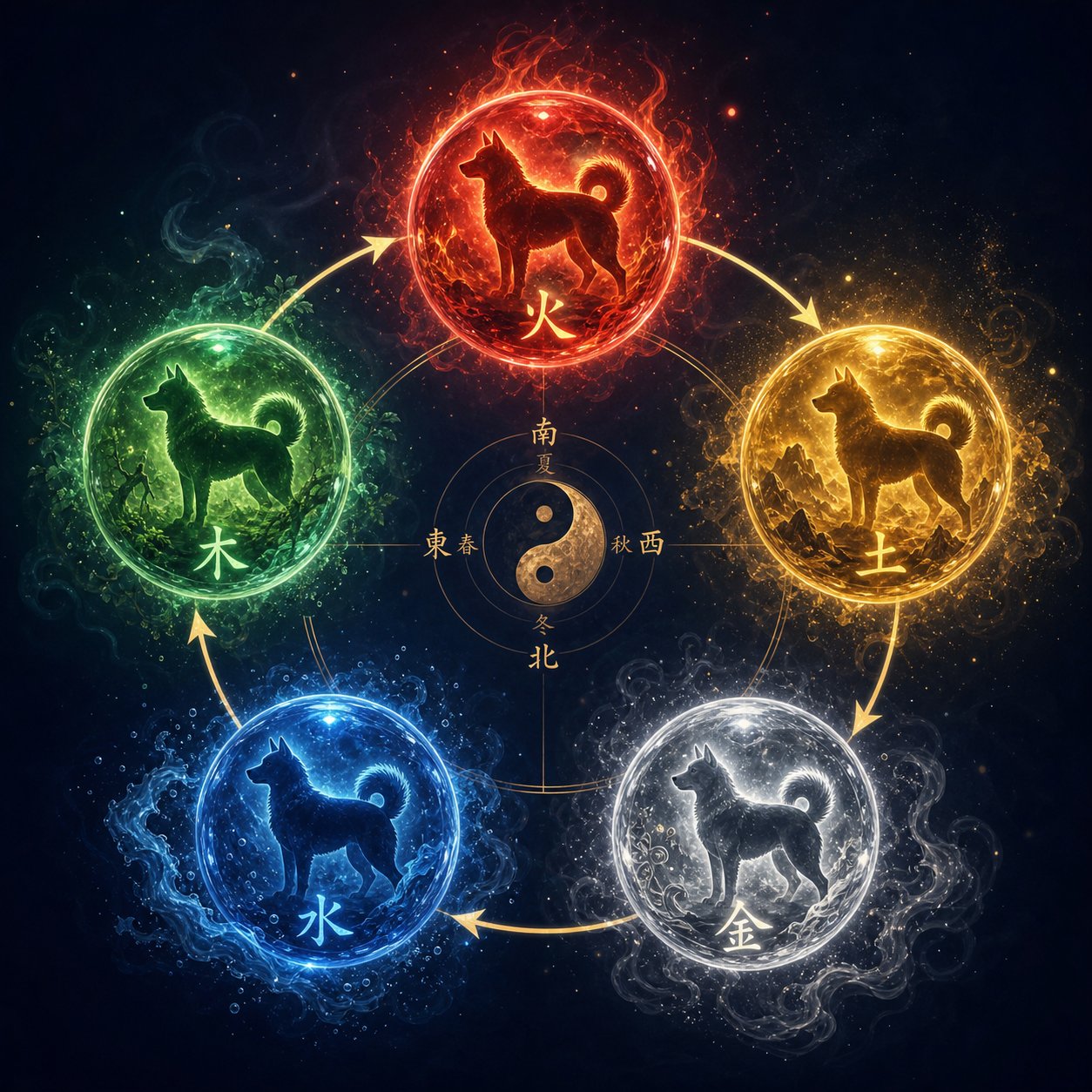five elements cycle showing distinct elemental types for dog zodiac character selection