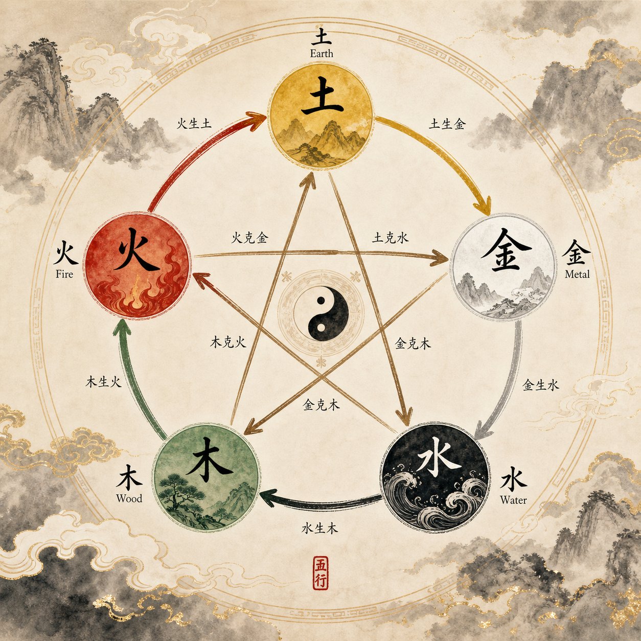 five elements cycle showing how earth and water support the rooster's metal energy