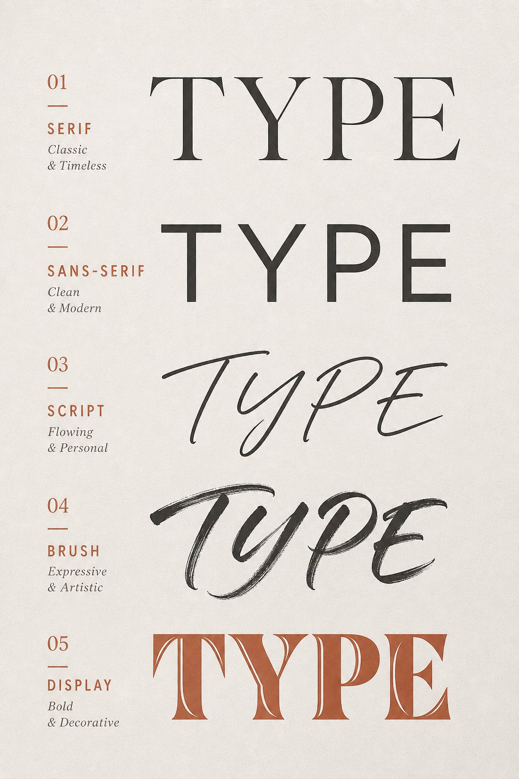 five font style categories for pinyin names ranging from formal serif to expressive decorative display
