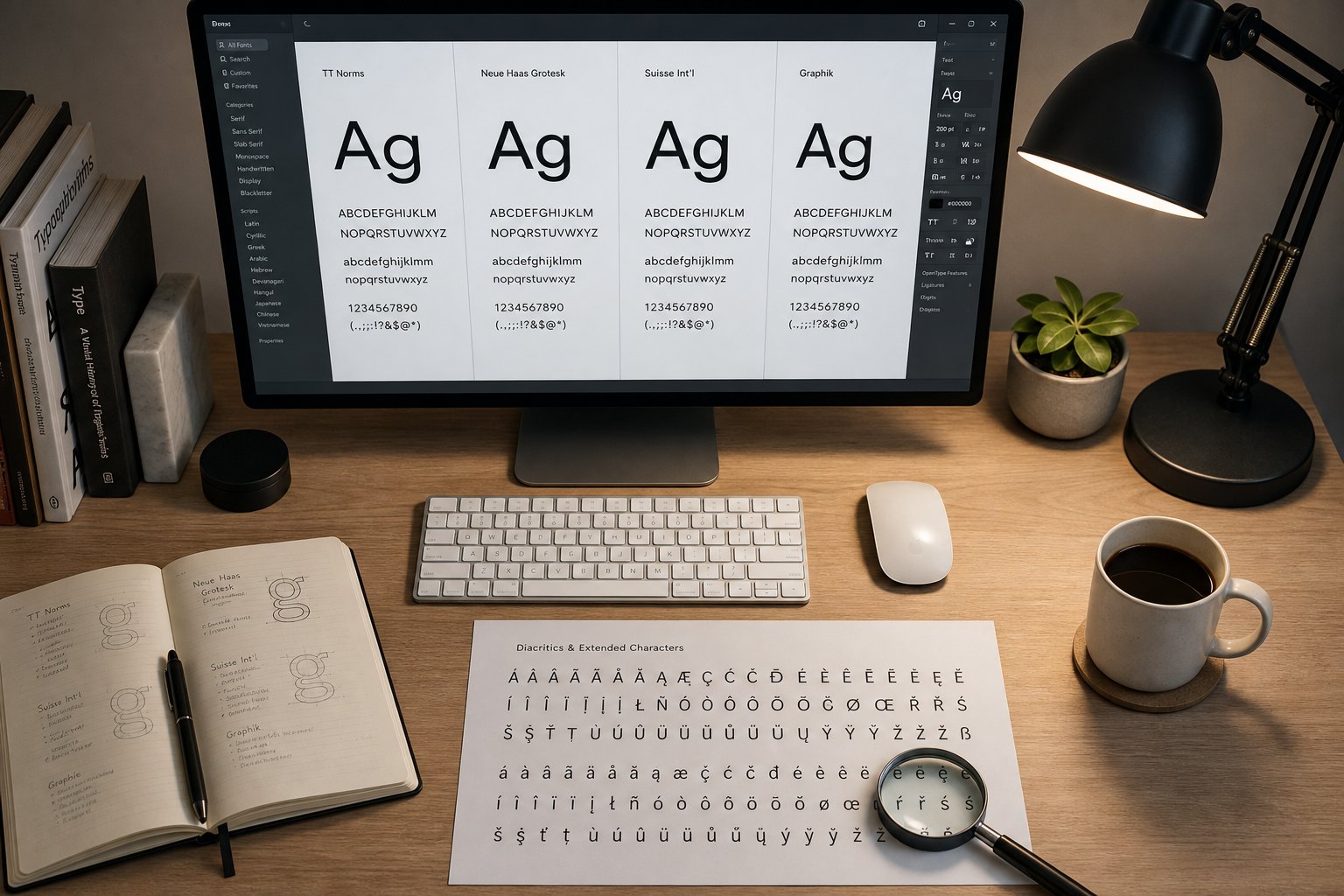 font evaluation workspace showing the process of testing typefaces for pinyin tone mark compatibility