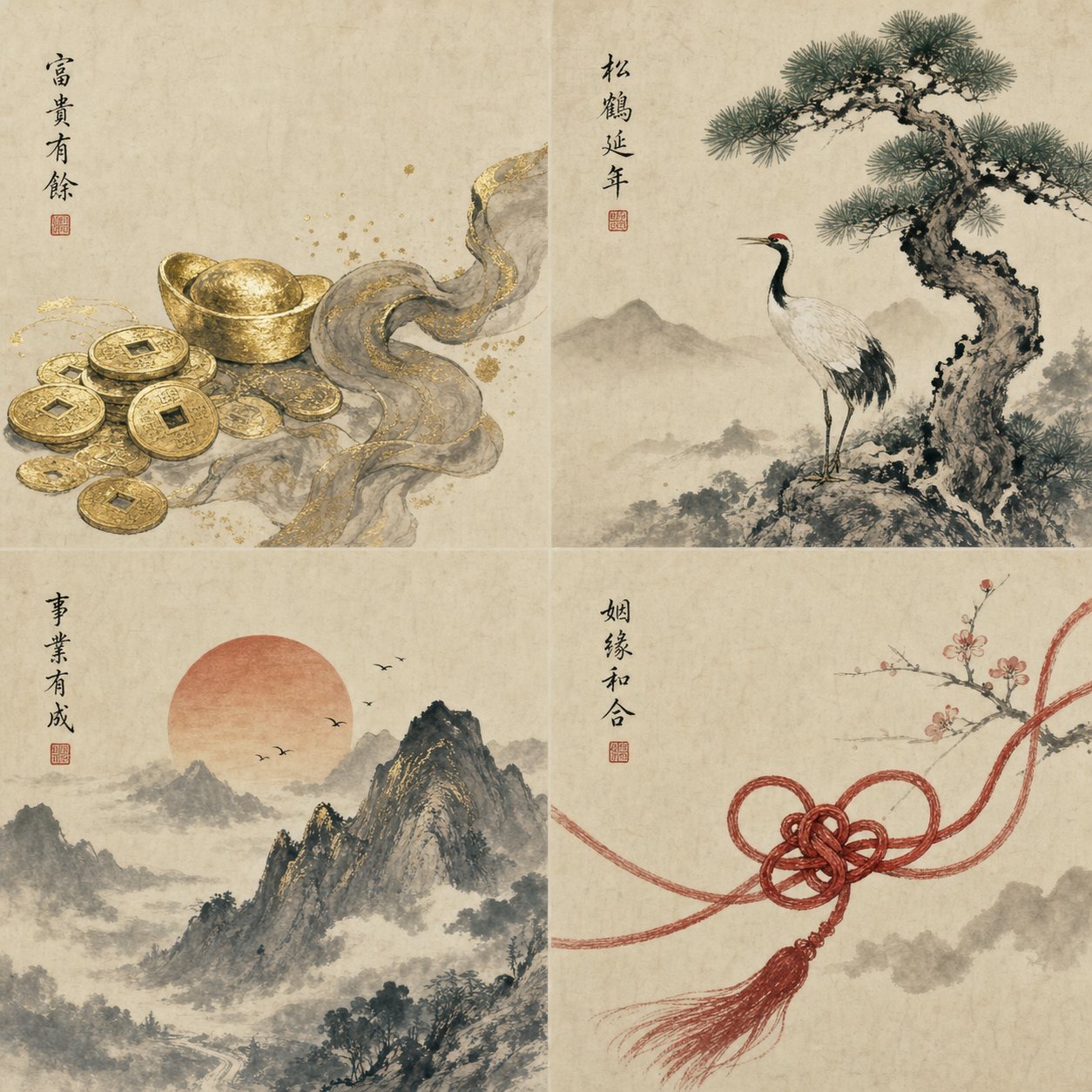four categories of fortune in chinese naming wealth longevity career success and love represented through traditional symbols