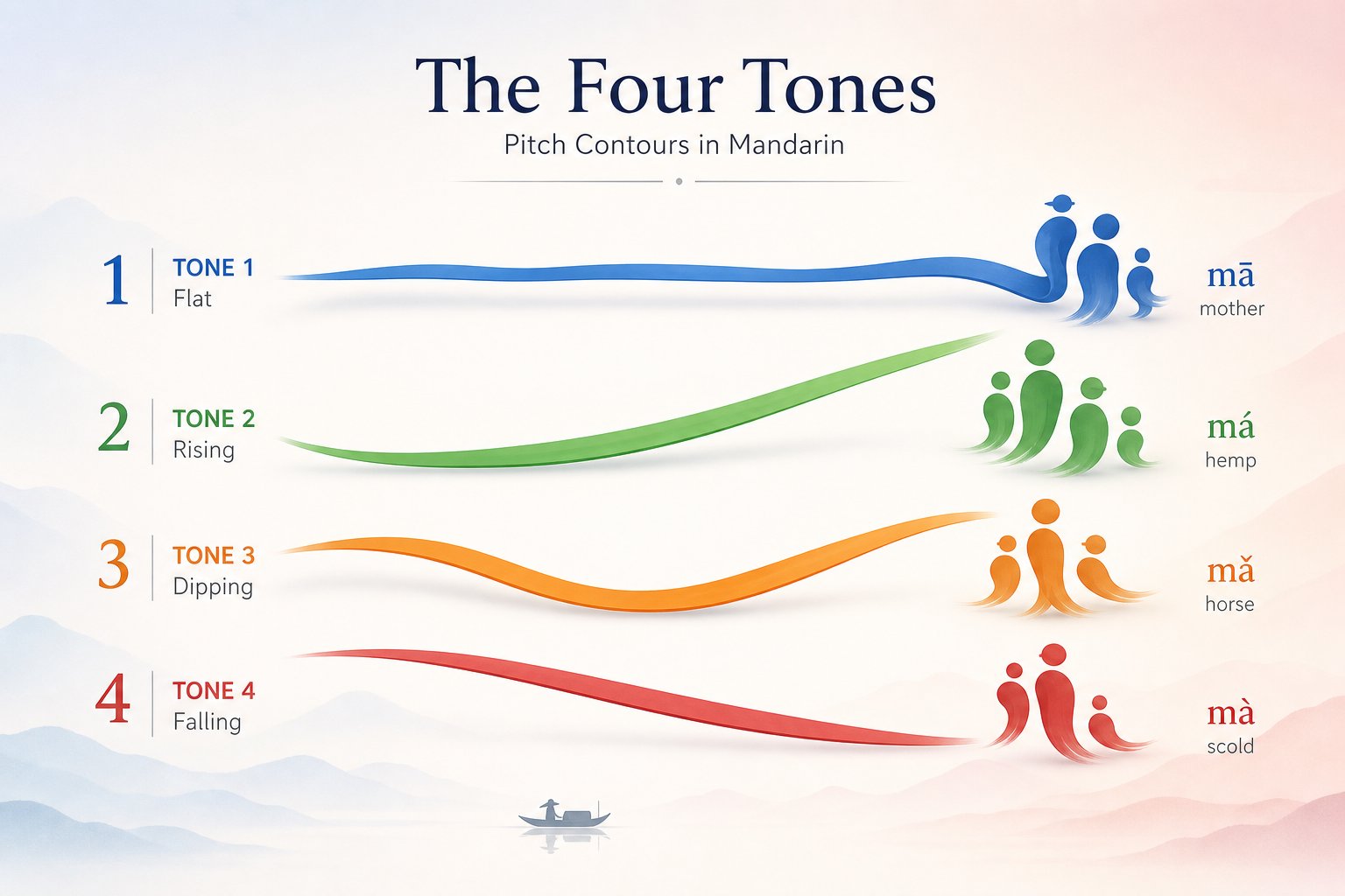four mandarin tones split a single syllable into distinct meaning lanes acting as the first layer of homophone disambiguation