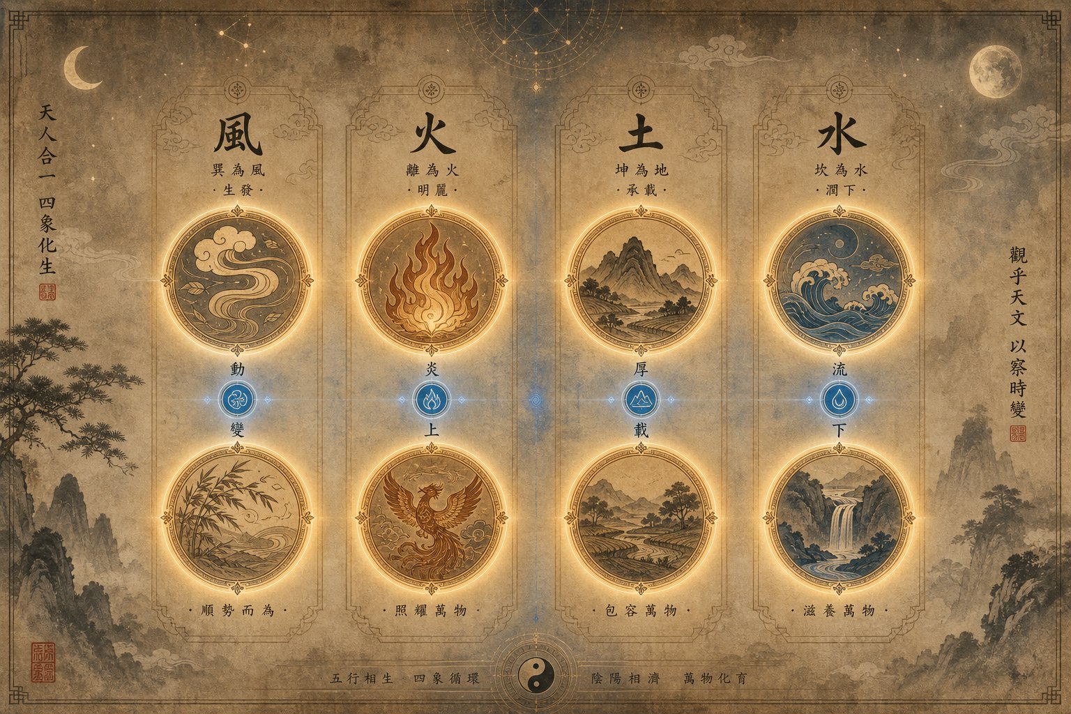 four pillars of destiny chart layout showing where water elements appear in heavenly stems and earthly branches