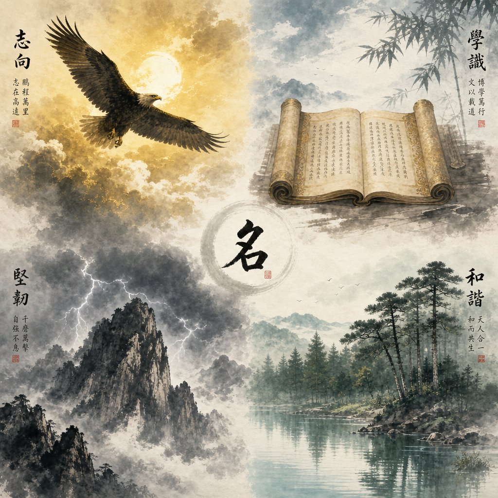four symbolic elements representing the core qualities encoded in chinese male names