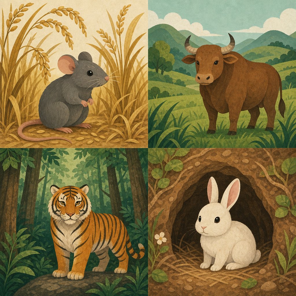 four zodiac animals in their natural habitats illustrating how diet and environment determine favorable naming radicals