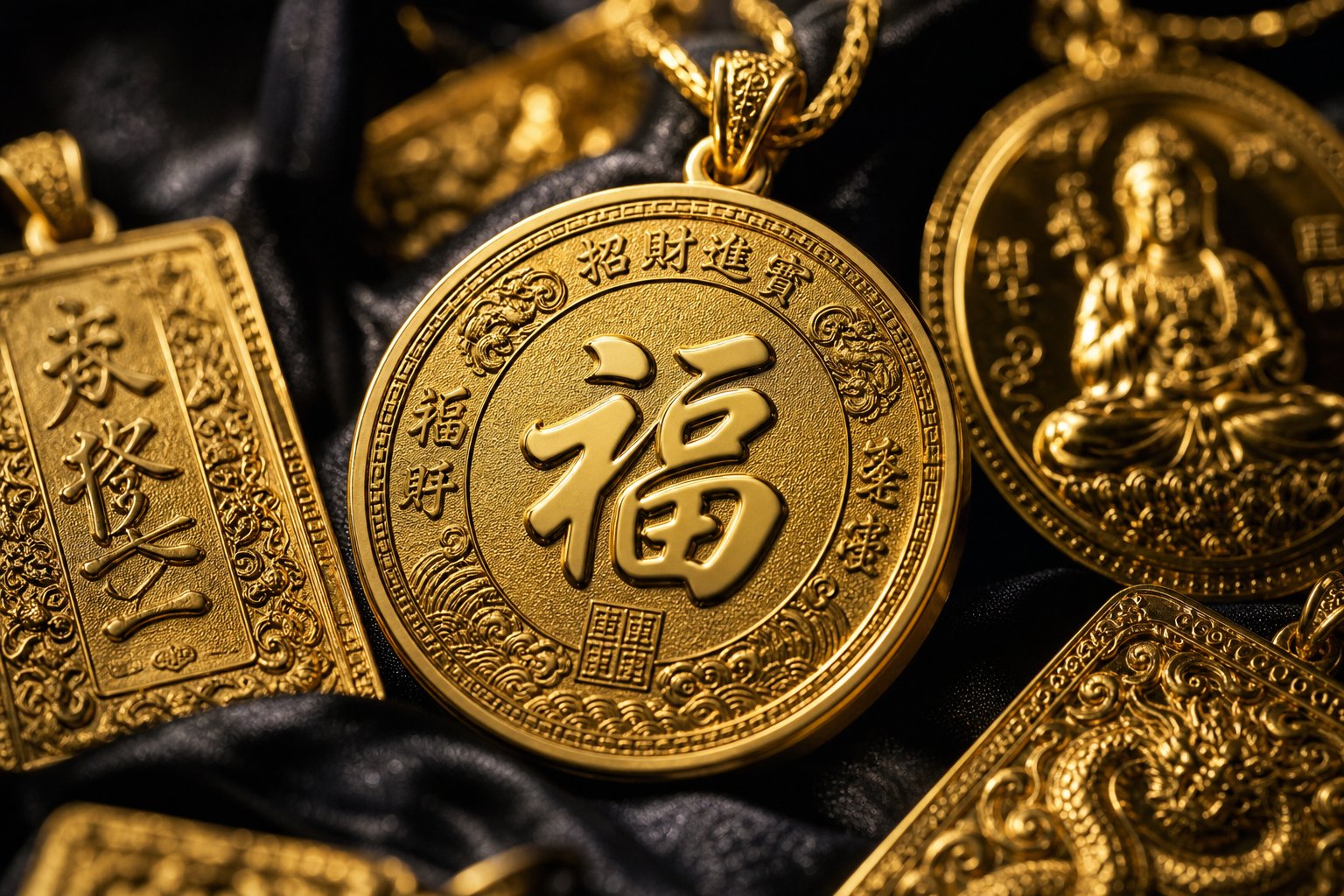 gold medallions and pendants engraved with auspicious chinese characters combining material symbolism with linguistic meaning