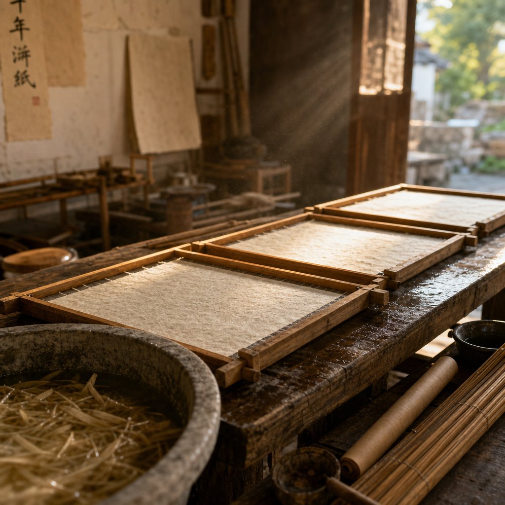 handmade paper drying on wooden frames representing cai lun's world changing papermaking innovation