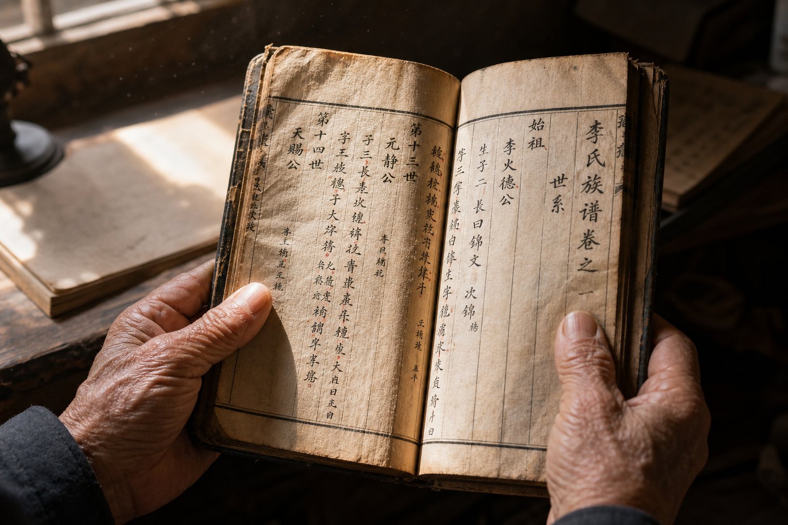 hands holding a traditional hakka genealogy book used for tracing family surname heritage across generations