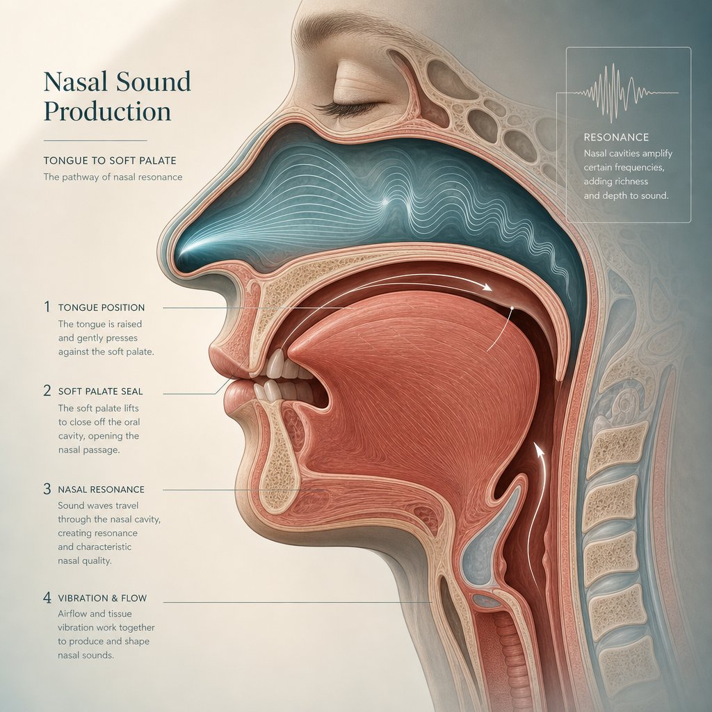 how the ng sound is produced a syllabic nasal where the tongue meets the soft palate and sound resonates through the nose