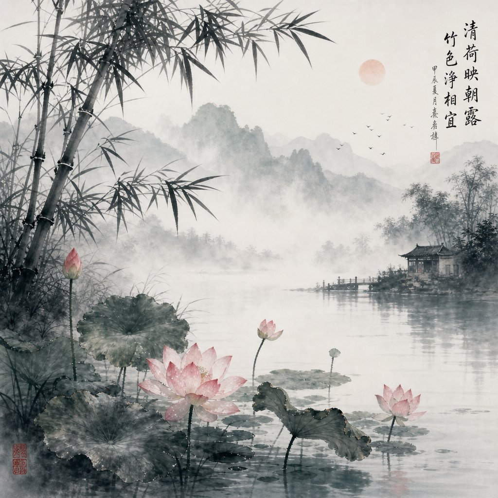 ink wash landscape with lotus and bamboo reflecting the nature imagery central to aesthetic chinese naming
