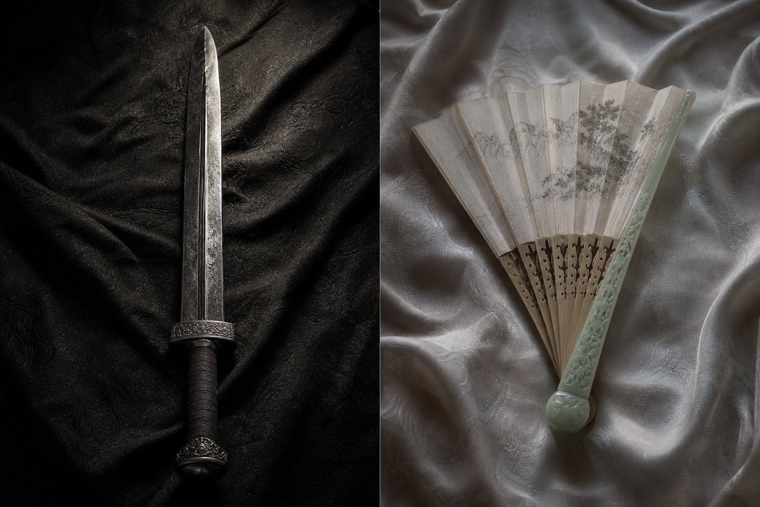 iron sword and jade fan representing the contrasting elements used in male and female wuxia naming