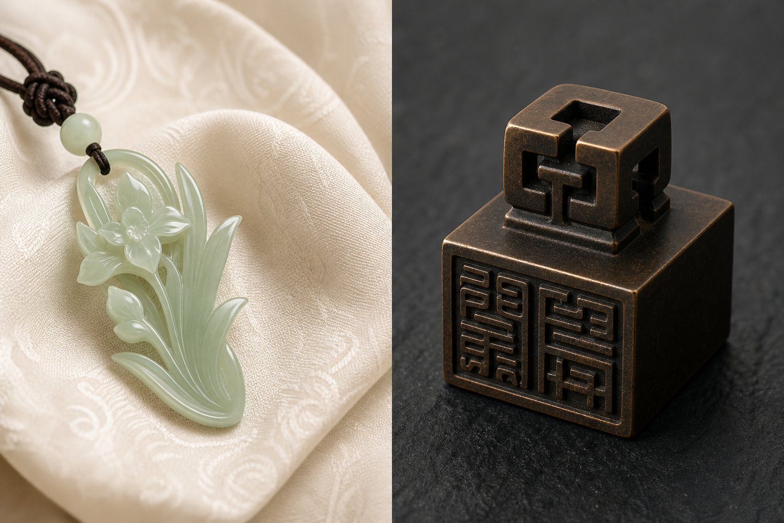 jade orchid and bronze seal representing traditional feminine and masculine naming aesthetics