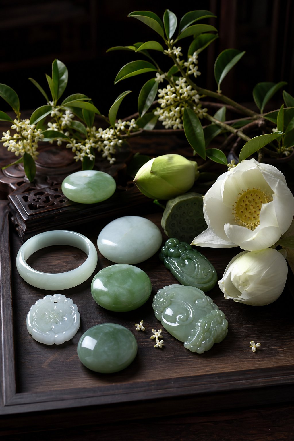 jade stones and symbolic flowers representing love adjacent chinese names that mean cherish and treasure