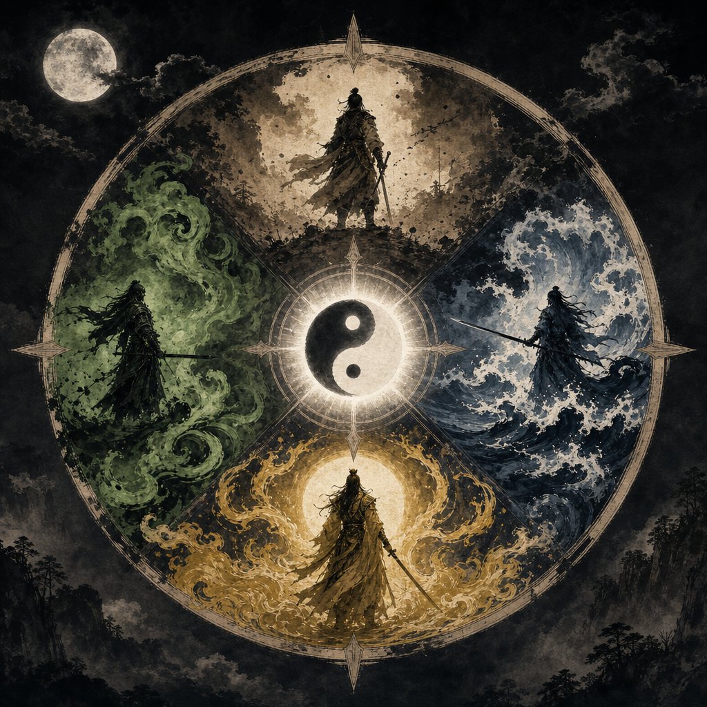 jin yong's five greats system maps martial identity onto a compass where each direction carries philosophical and moral weight