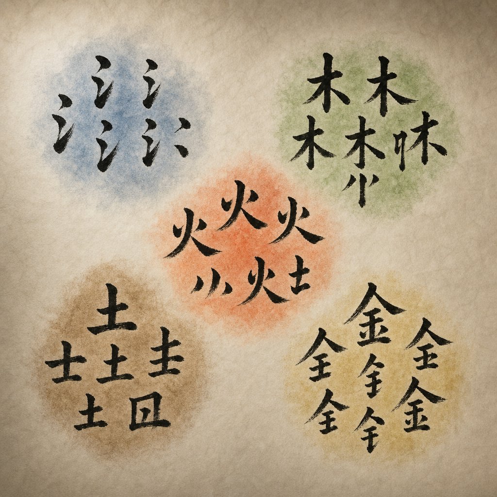 key chinese radicals organized by their five element classification for name character selection