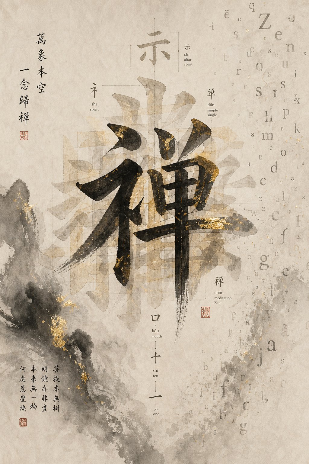 layers of meaning within a chinese character dissolving into simplified alphabetic form