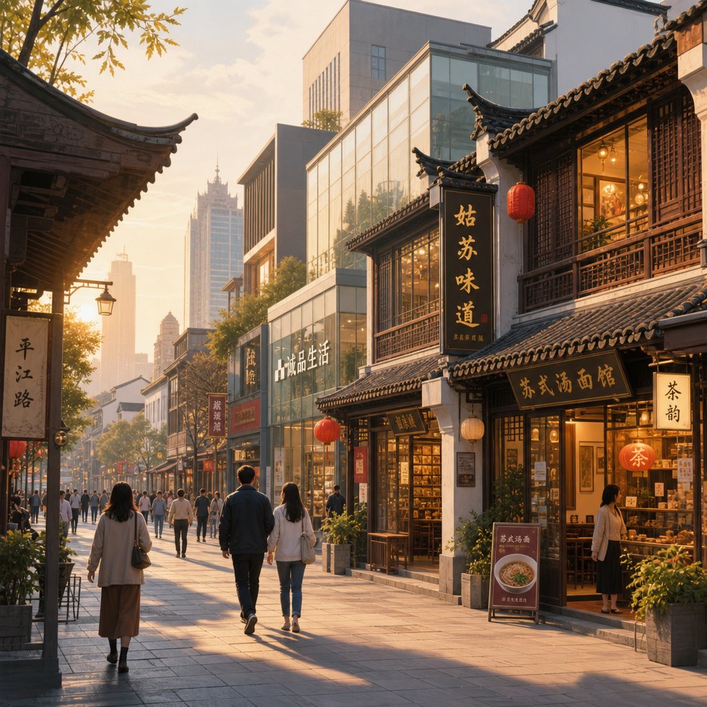 modern chinese streetscape where the character 和 appears in shop names and daily life bridging tradition and contemporary culture
