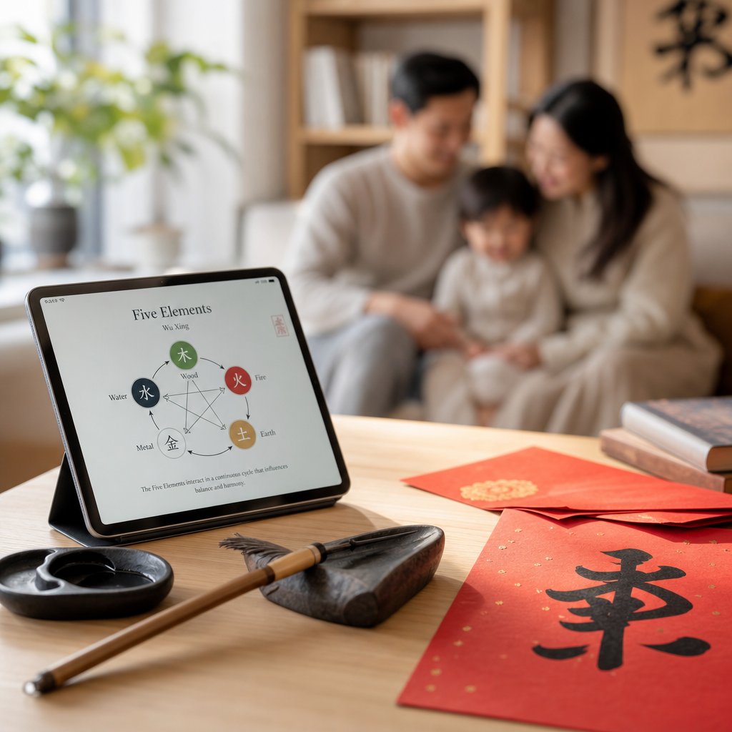 modern families blending traditional wuxing principles with contemporary tools for chinese name selection