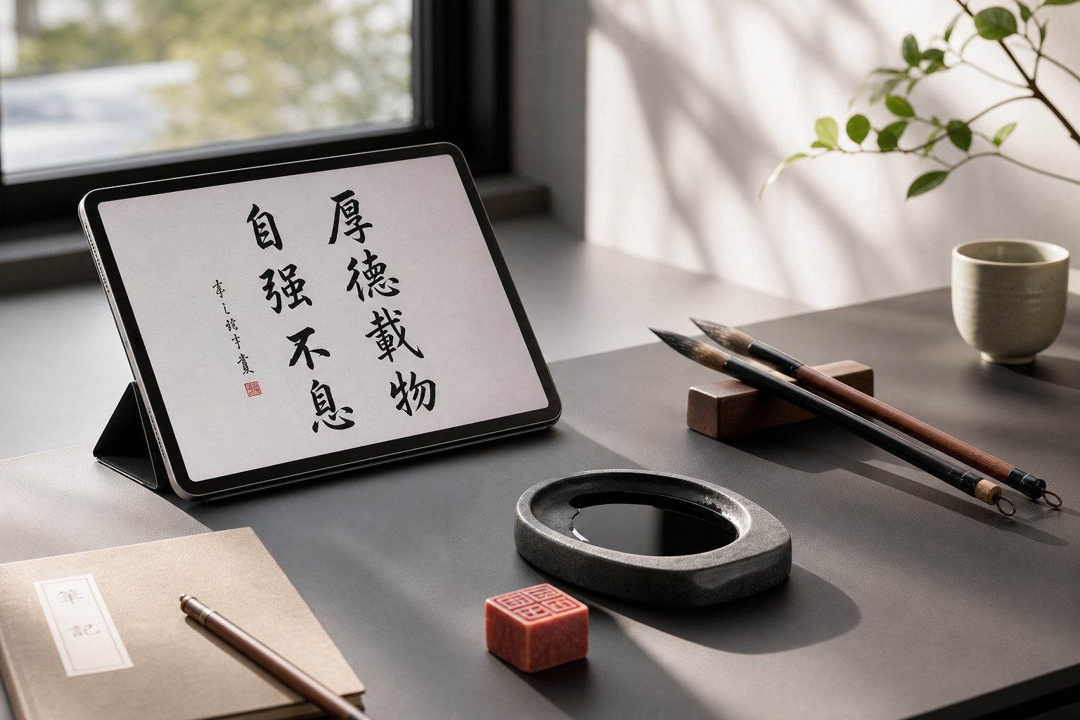 modern naming workspace blending traditional chinese calligraphy tools with digital resources for bazi informed name selection