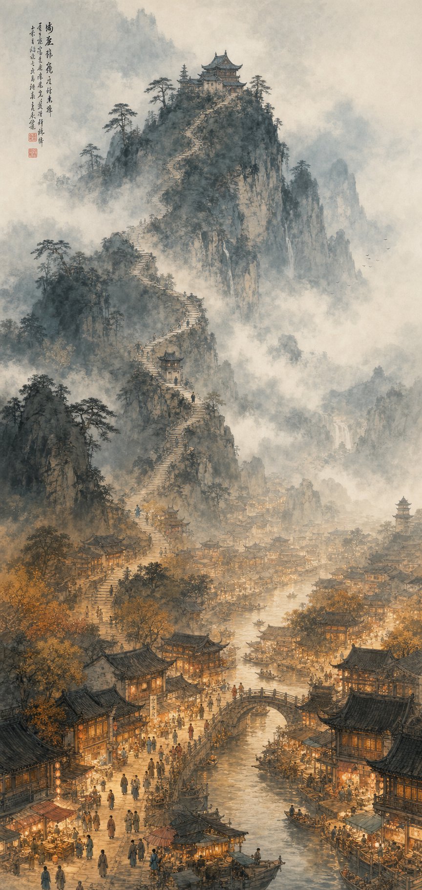 mountain sect hierarchy visualized from isolated temple peak to the bustling jianghu world below