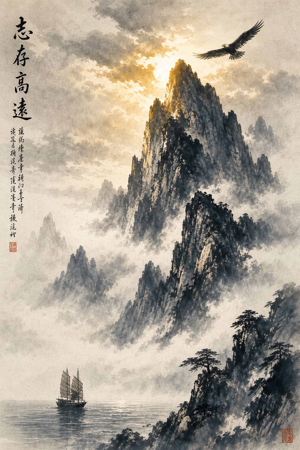 mountains soaring birds and ocean sails representing the bold imagery behind tang poetry boy names