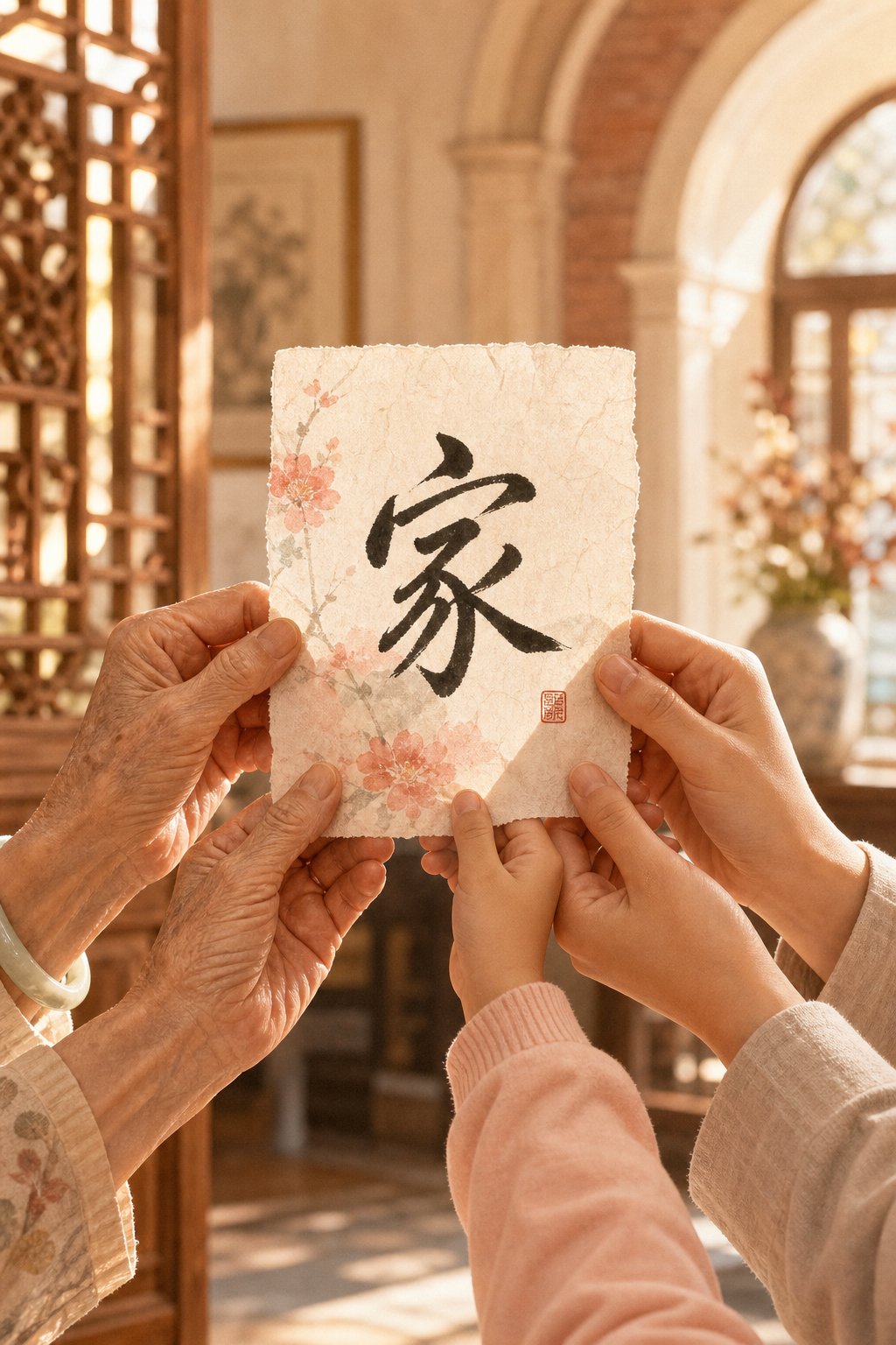 multigenerational hands holding a chinese character on paper symbolizing diaspora families connecting to tang poetry naming traditions
