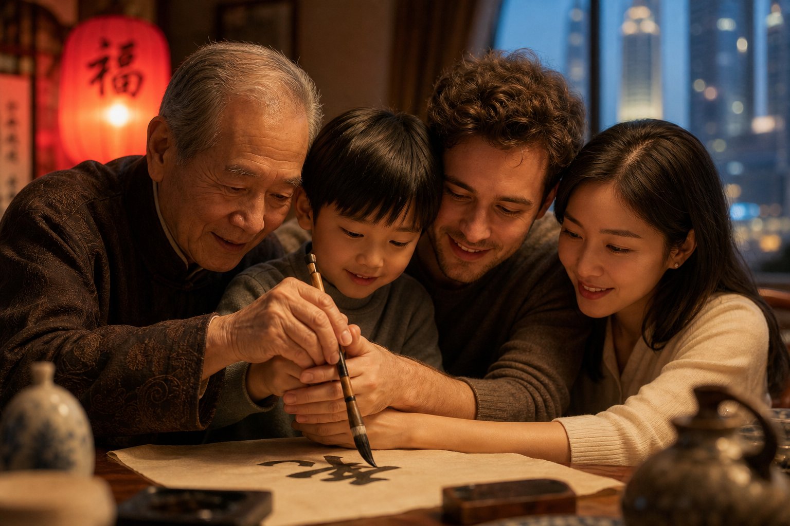 multigenerational hands sharing a calligraphy brush symbolizing cross cultural naming traditions in diaspora families