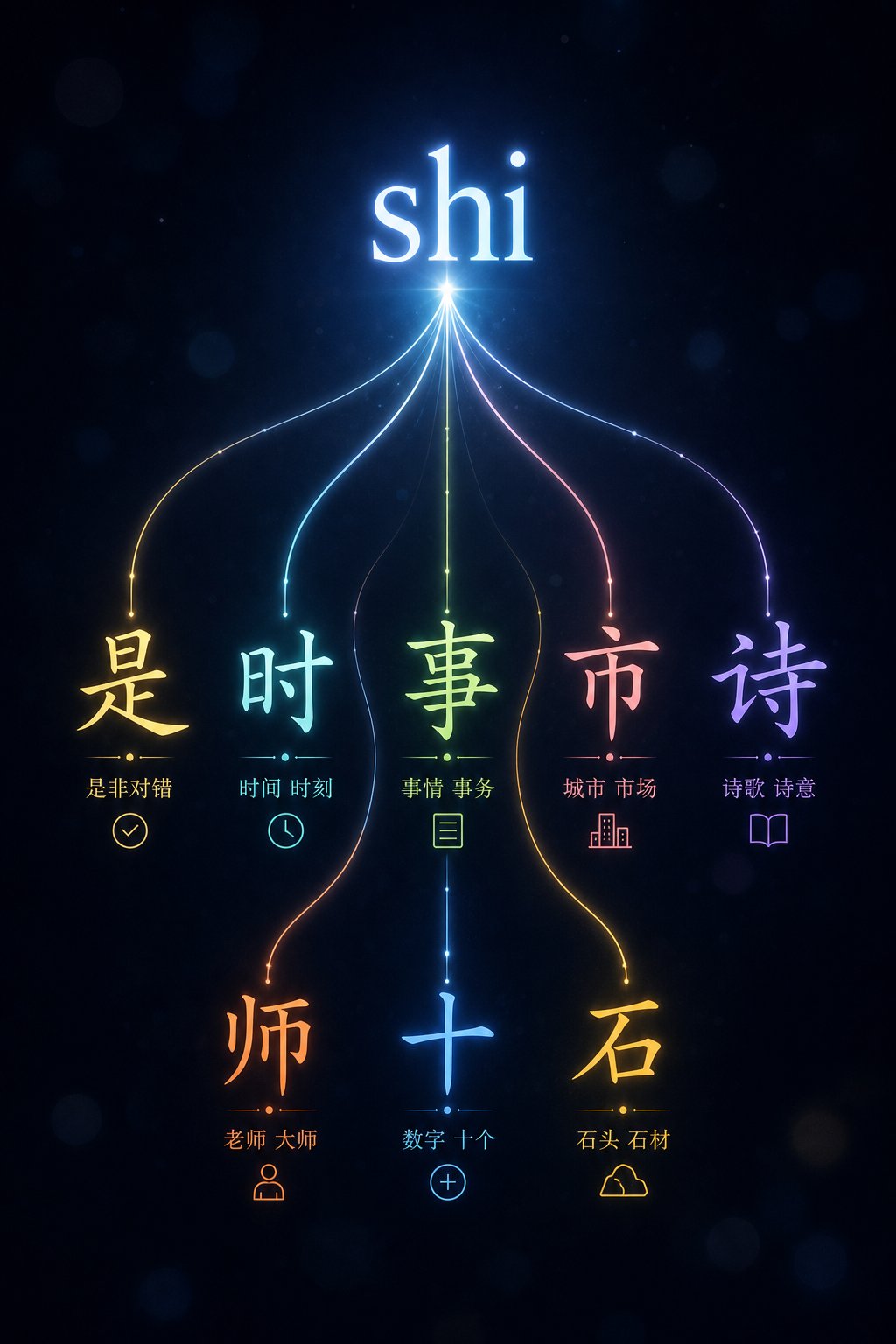 one pinyin syllable branches into multiple characters each carrying unique components and meanings