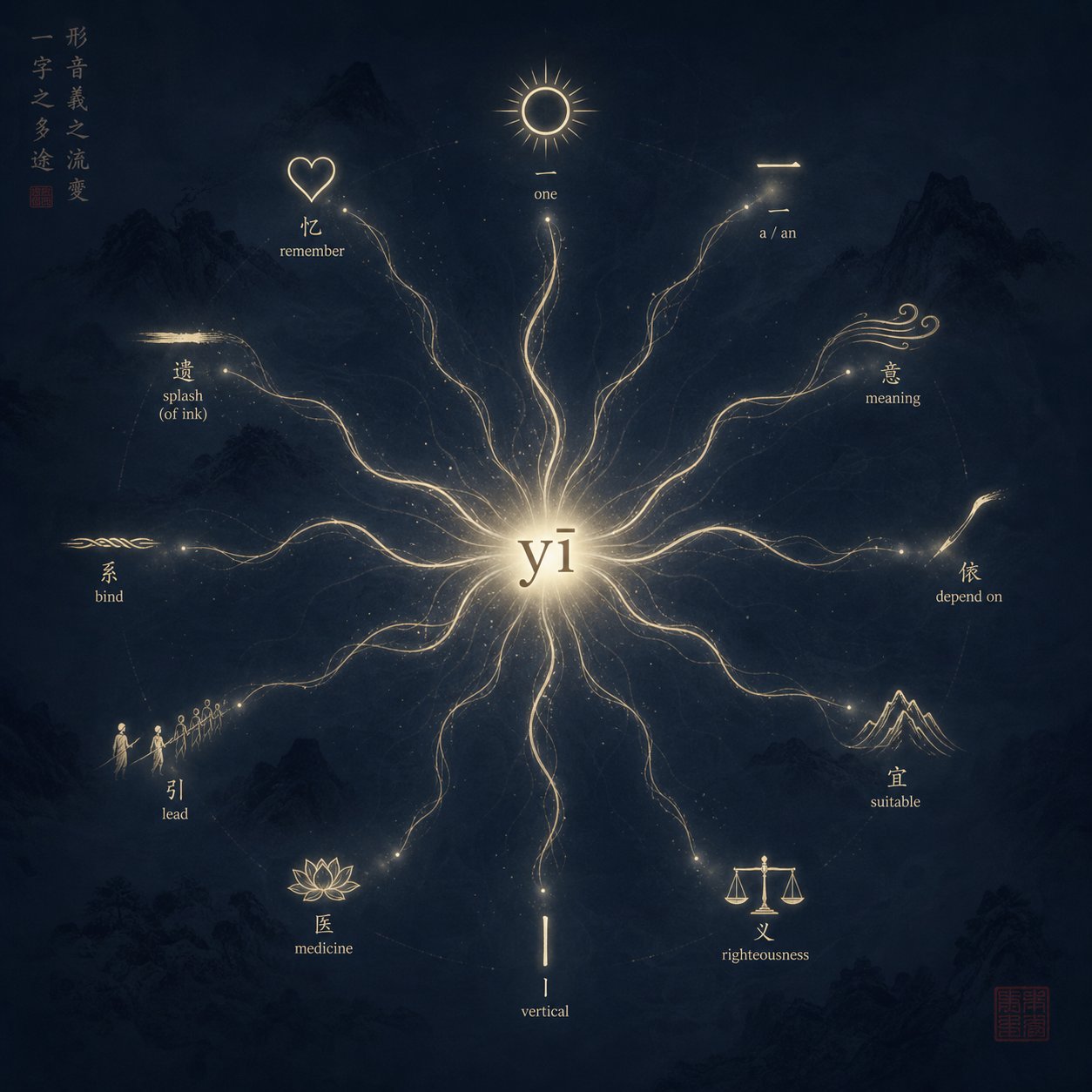 one pinyin syllable branching into multiple meanings visualizing how romanization conceals distinct poetic identities