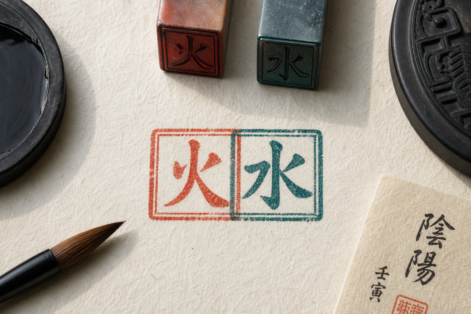 paired seal stamps illustrating how fire characters combine with other elements to create balanced compound names