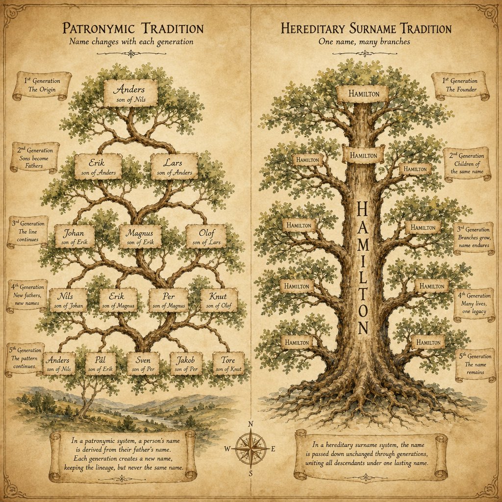 patronymic naming creates a shifting generational chain while hereditary surnames maintain one constant family identifier across centuries