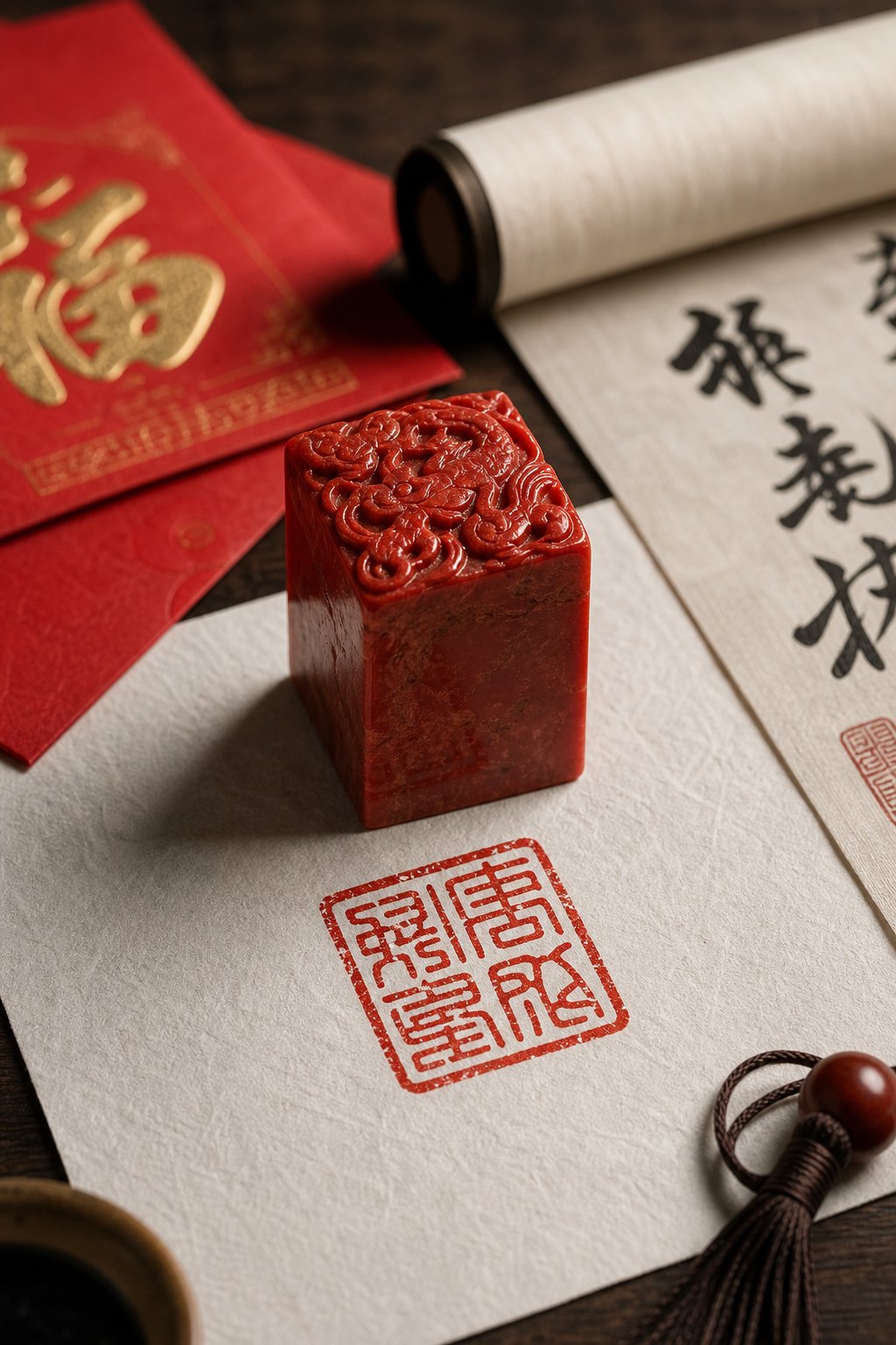 personal seal and red envelopes featuring auspicious characters for rooster year business use